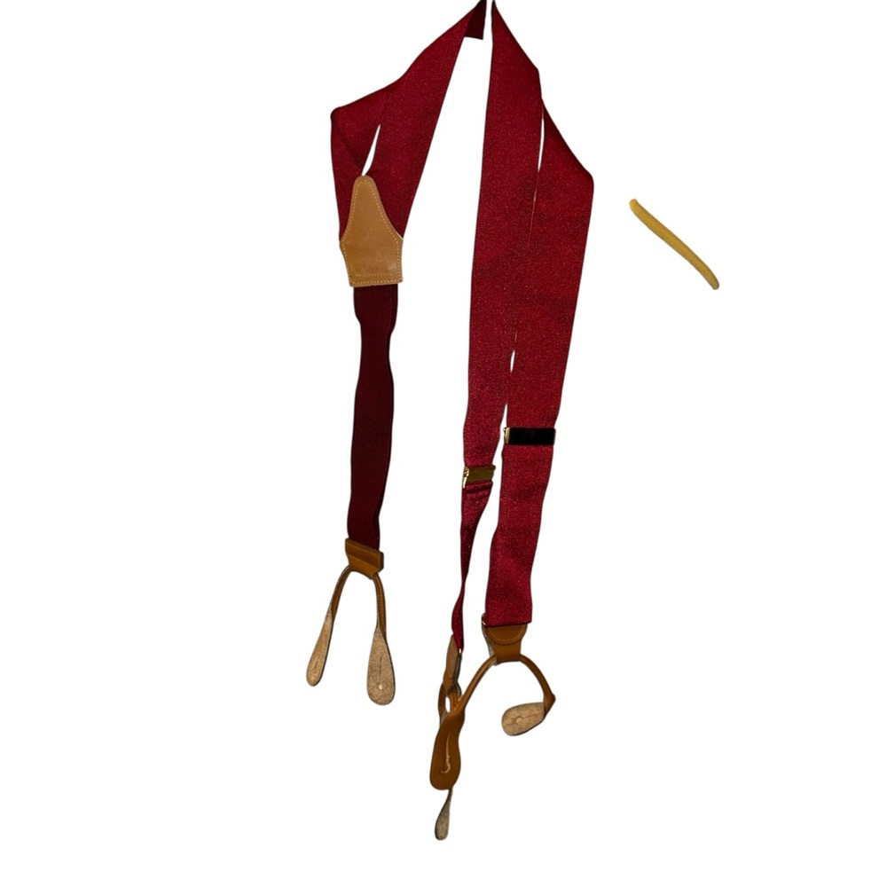 Classic cinnabar Red Suspenders with Tan leather gold hardware Accents